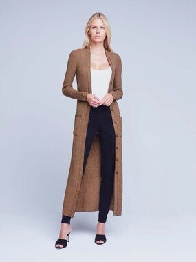 L'AGENCE Brown and Cream Textured Knit duster sweater- size medium